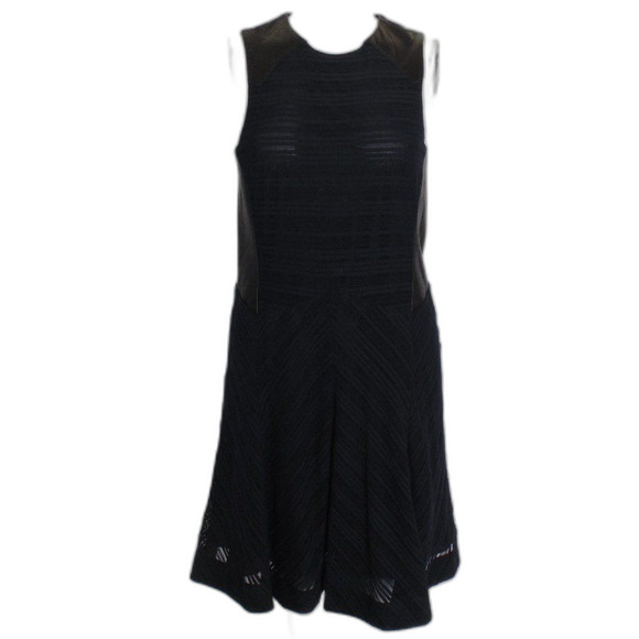 RAG & BONE Basha Dress, 8, Black Leather Trim, Navy Semi-sheer, Fit & Flare - Picture 10 of 14